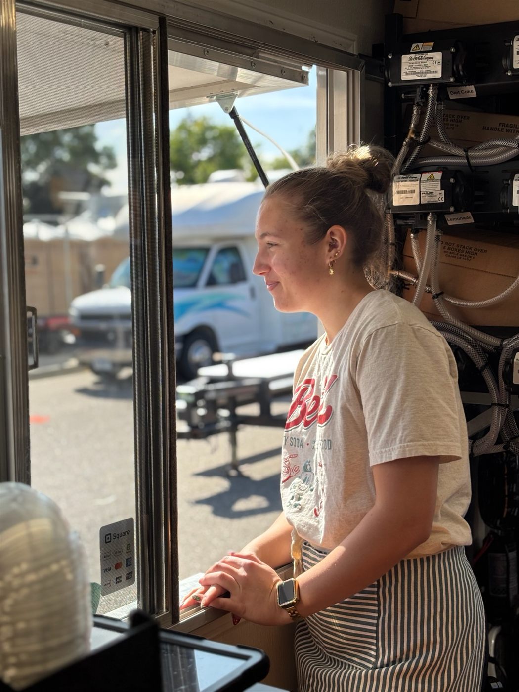 Serving customers at the trailer window
